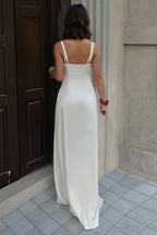 Lace Panel Bust V Neck Satin High Split Slip Dress