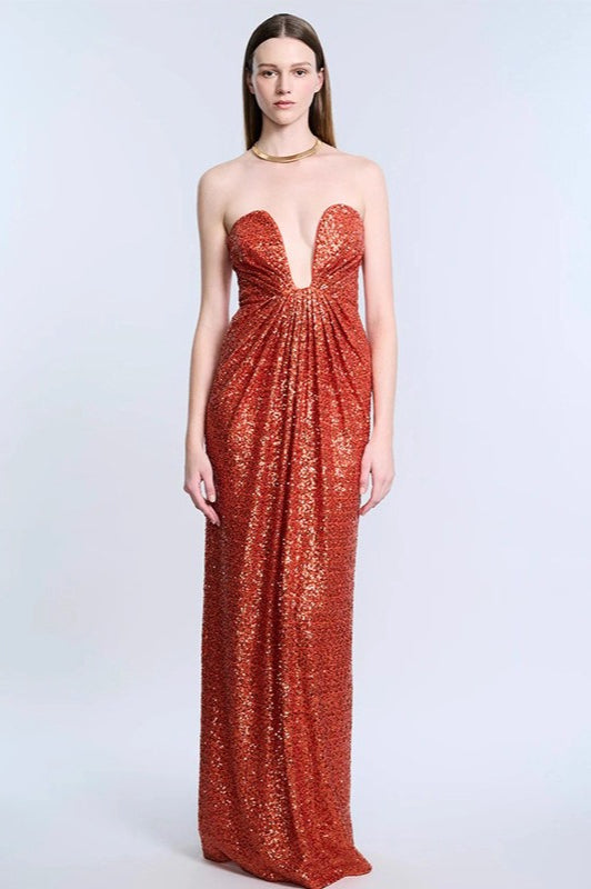 Elegant Sequin Strapless Deep V Waist Tie Long Formal Dress Main image