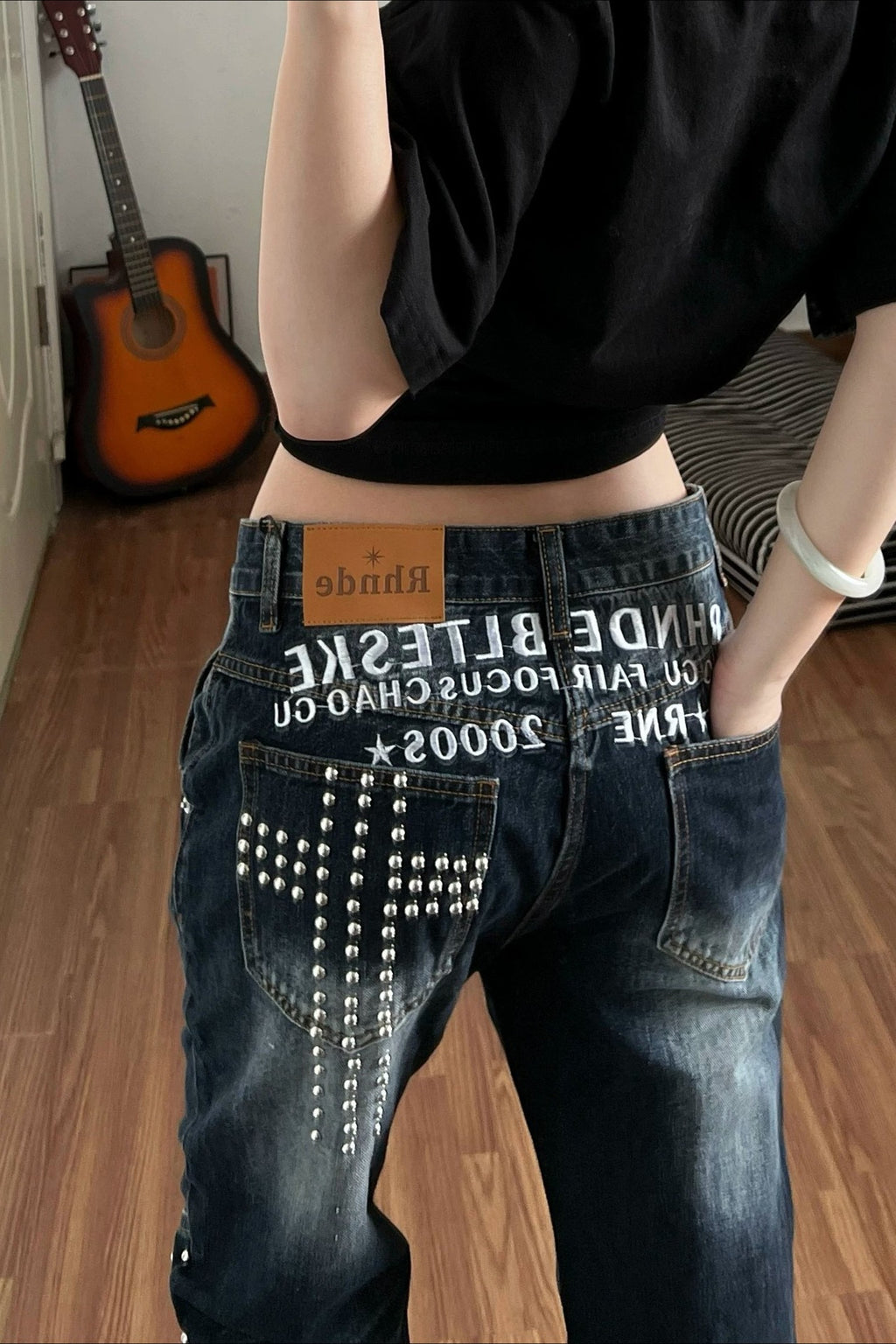 Studded Panel Low Rise Streetwear Jeans