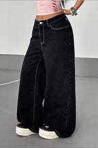 Cross Embroidered Black Wide Leg Jeans