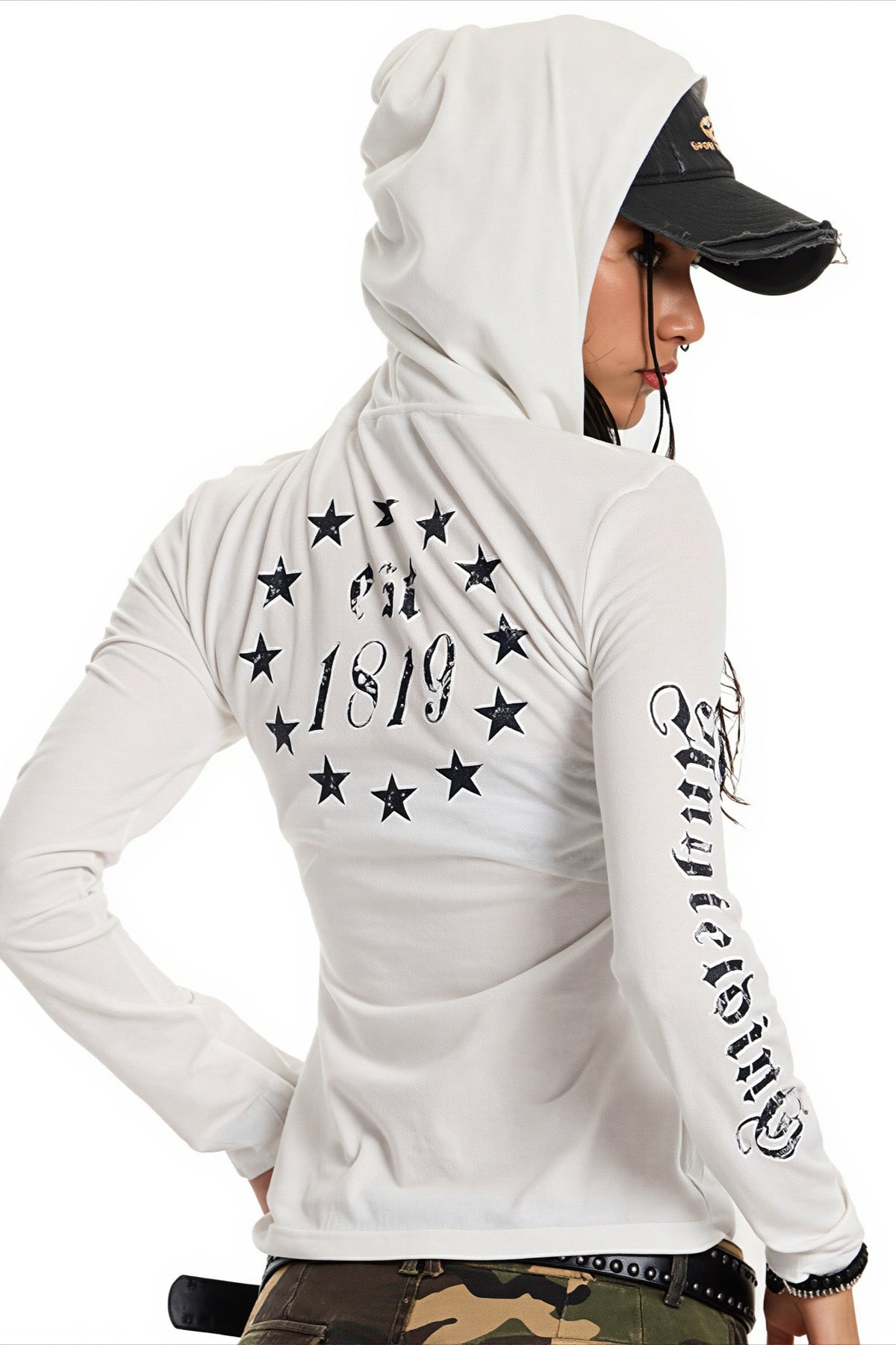 Gothic Script Fitted Button Placket Hoodie