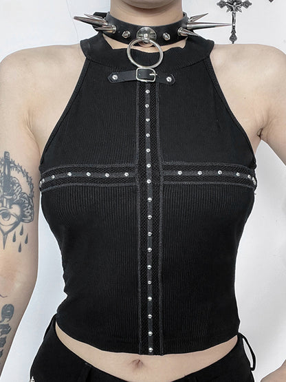 Gothic Sexy Punk Black Knit Bodycon Summer Darkness Harajuku Sleeveless Halter Crop Top