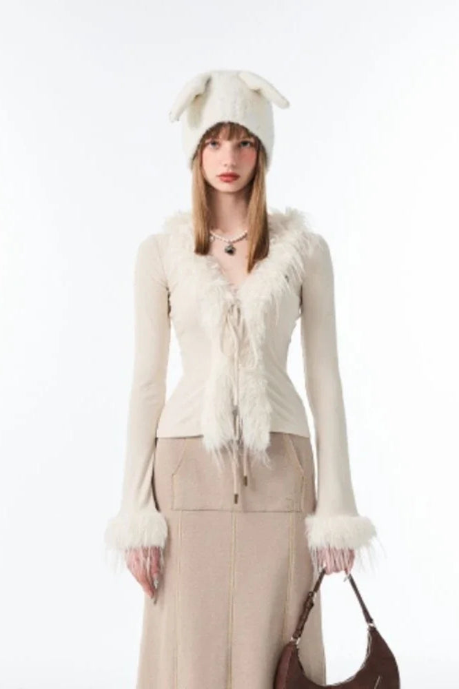 Lace-Up V Neck Plush Cardigan Secondary image