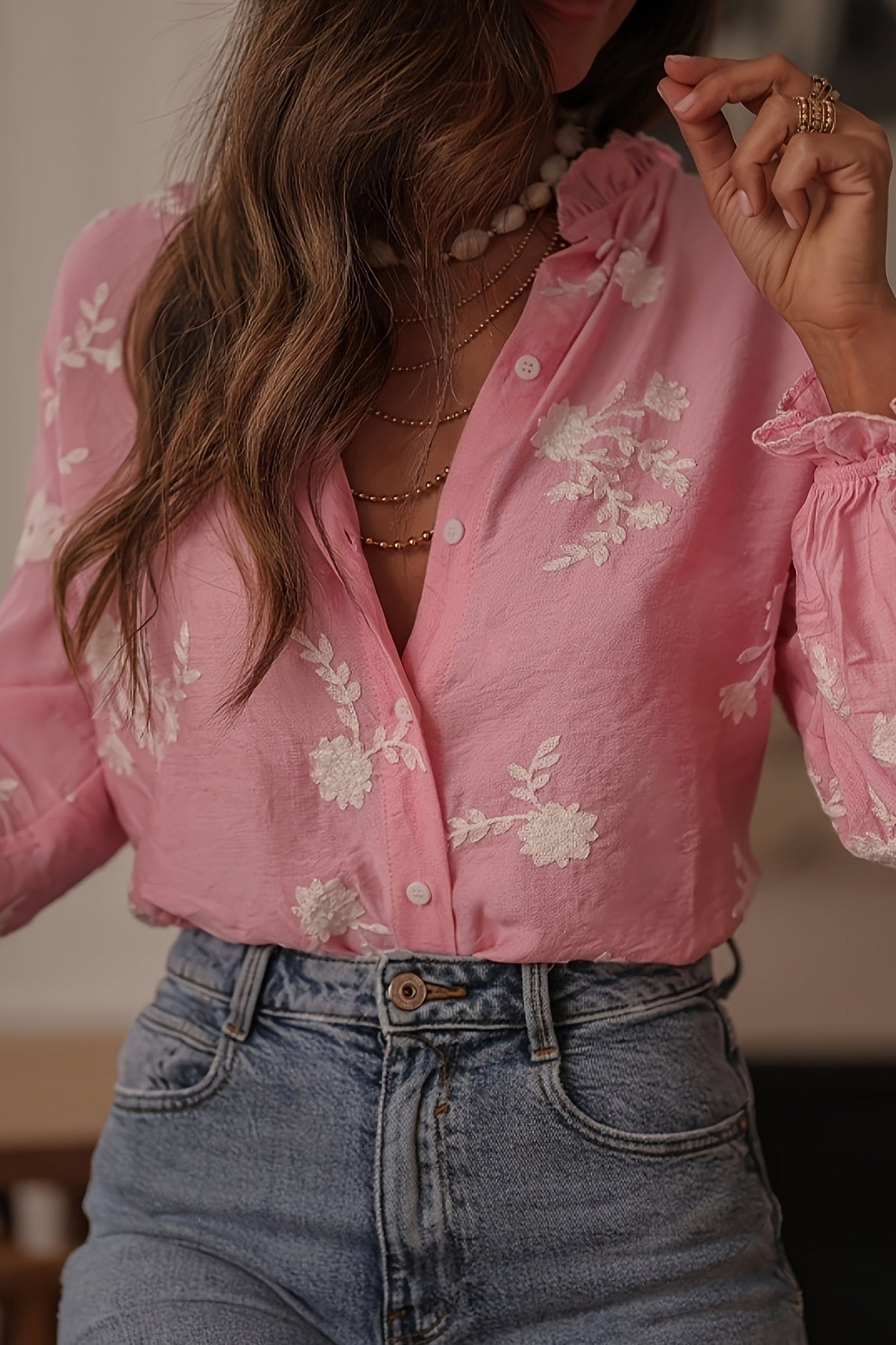 Printed Collared Lantern Sleeve Elegant Long Sleeve Blouse Secondary image