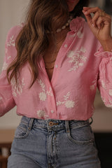Printed Collared Lantern Sleeve Elegant Long Sleeve Blouse