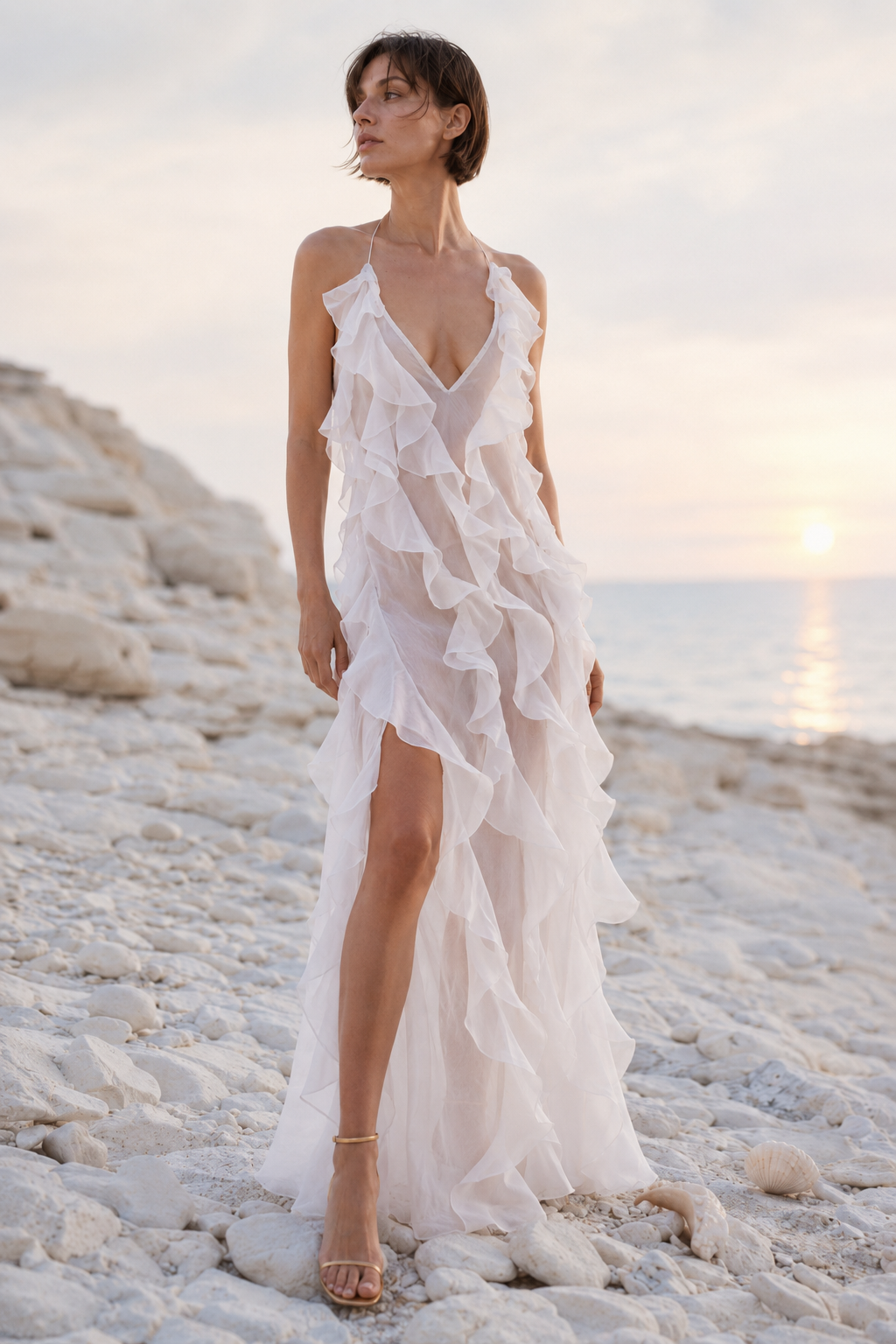 Plunge Mesh Asymmetric Ruffle Trim Long Slip Dress Main image