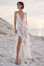 Plunge Mesh Asymmetric Ruffle Trim Long Slip Dress