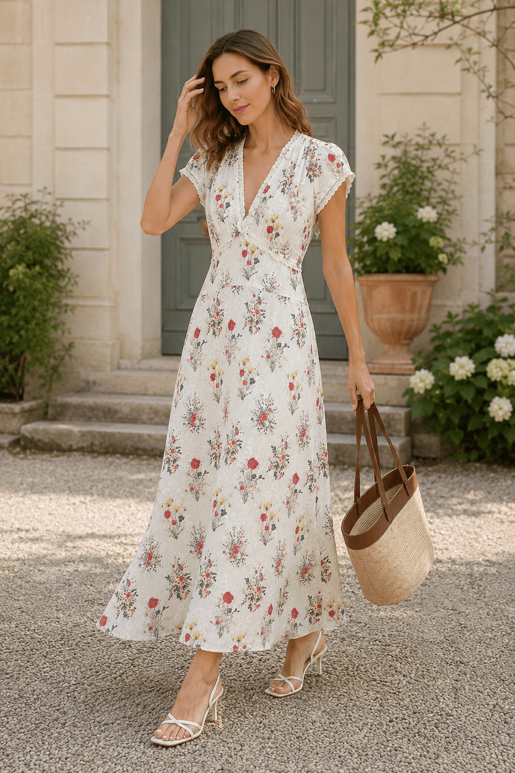 Elegant V Neck Embroidery Waist Long Floral Dress Secondary image
