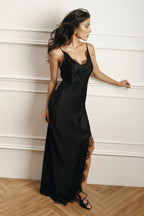 Satin Spaghetti Strap Split Lace Dress