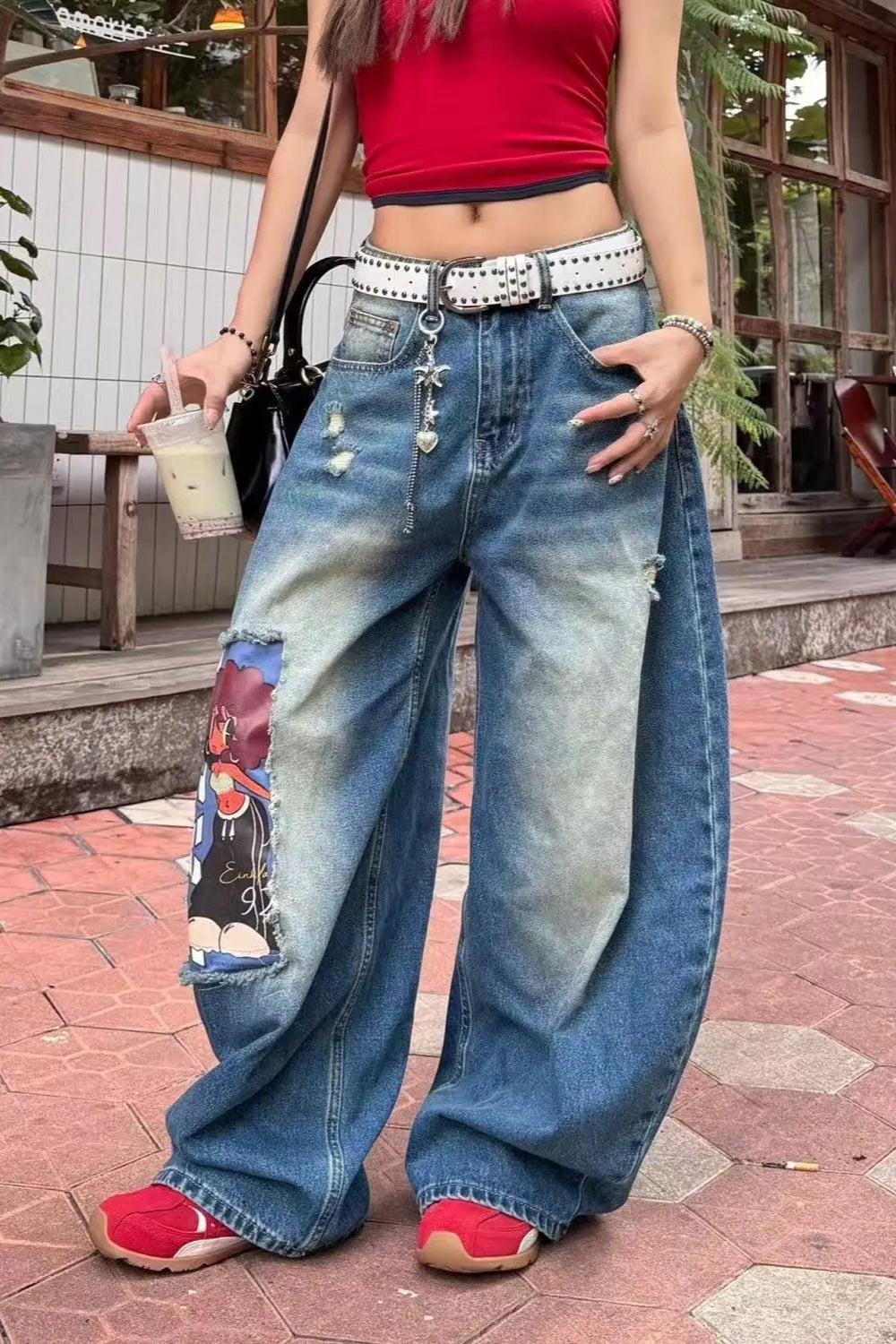 Loose Fit Cartoon Patch Wide Leg Jeans Main image