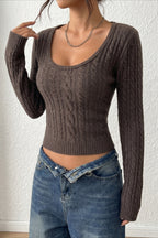 Cable Knit Scoop Neck Cropped Fitted Sweater