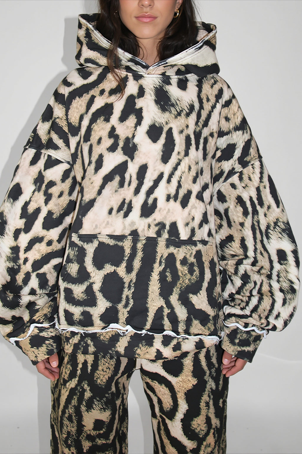 Leopard Raw Edge Loose Fit Hoodie