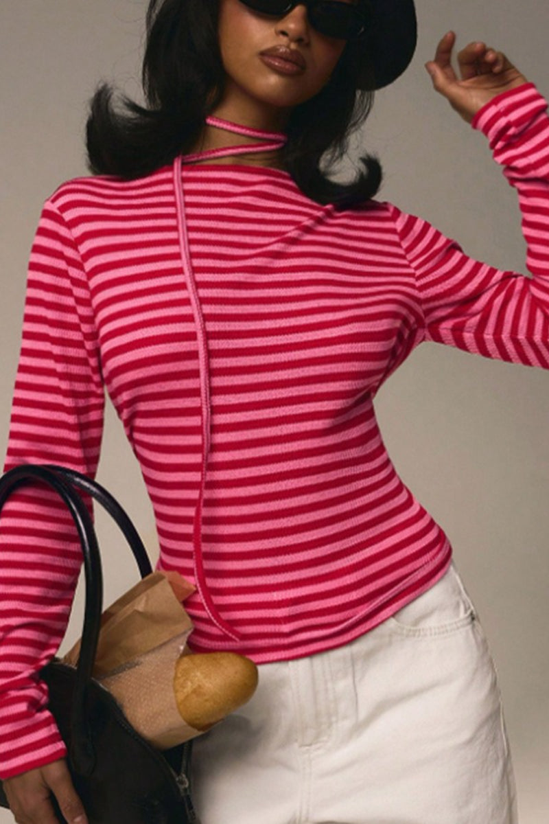 Stretchy Striped Crew Neck Long Sleeve Top Main image