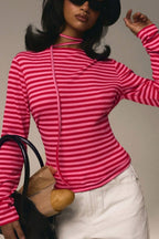 Stretchy Striped Crew Neck Long Sleeve Top