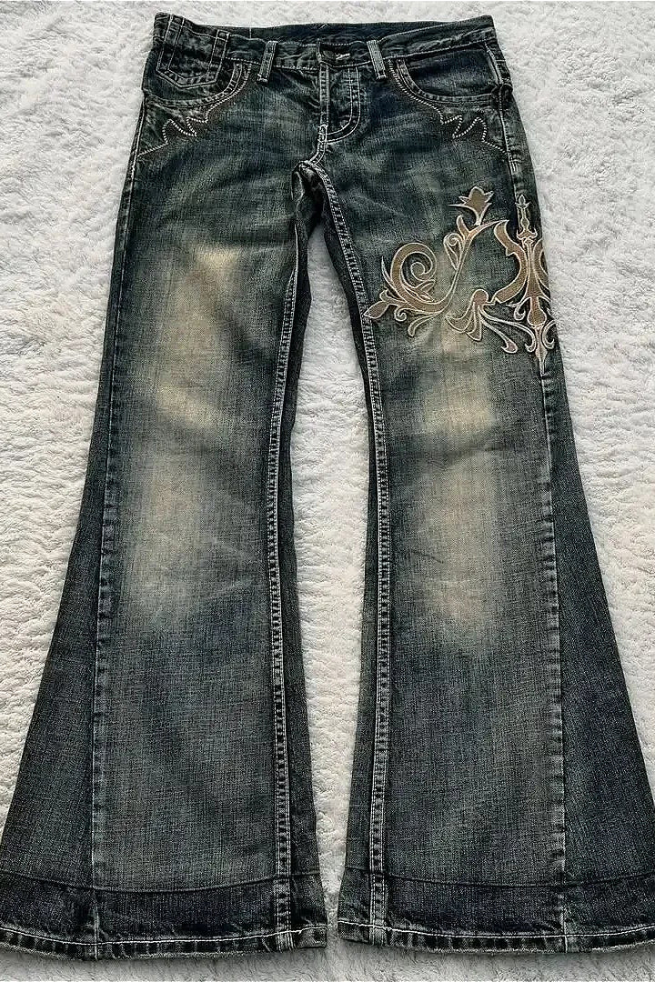 Embroidered Patchwork Y2K Flare Leg Jeans