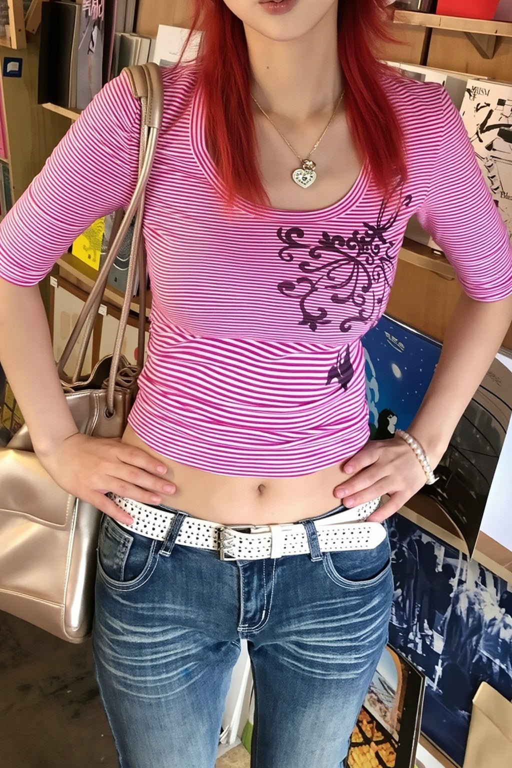 Striped Floral Wide Neck Fitted T-Shirt
