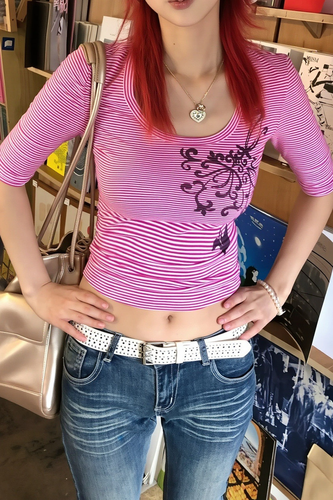 Striped Floral Wide Neck Fitted T-Shirt