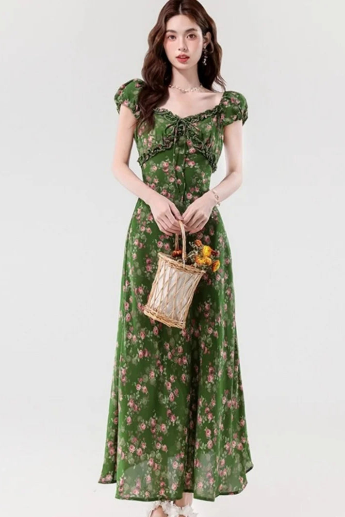 Retro Slim Green V-Neck Floral Dress Secondary image