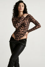 Knit Leopard Print Crew Neck Slim Long Sleeve Bodysuit