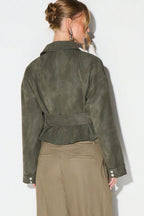 Suede Look Asymmetric Zip Belted Cropped Coat
