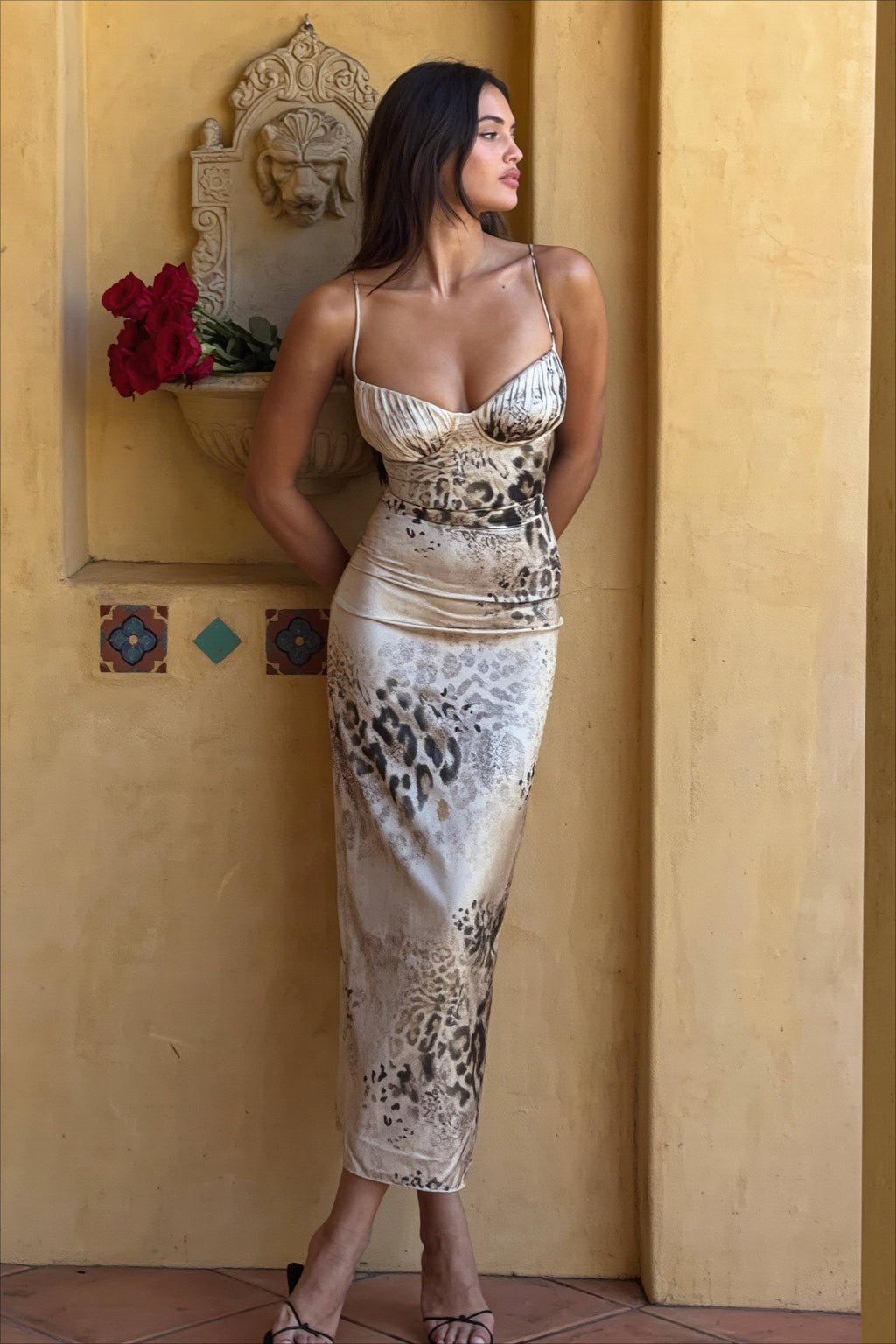 Printed Cami Backless Slit Fitted Midi Dress