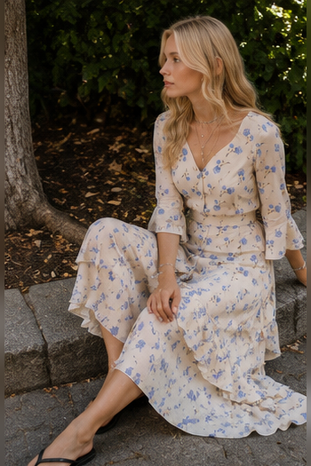 Asymmetric V Neck Flare Sleeve Floral Dress