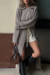 Knitted Blend Notched Lapel Tied Waist Long Overcoat