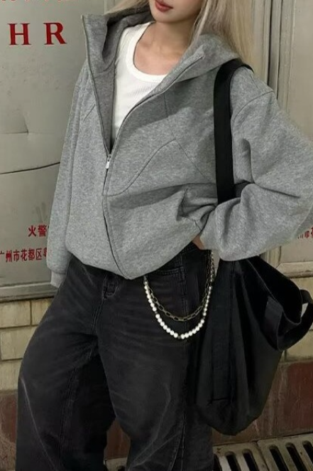 Slouchy Vintage Double Zip Hooded Stand Collar Loose Hoodie Secondary image