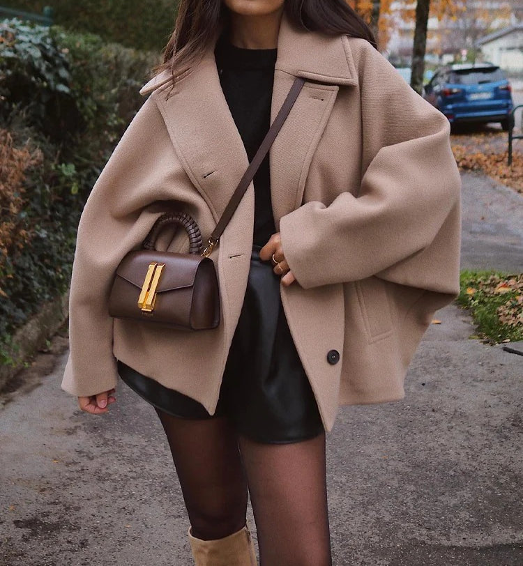 Winter Loose Short Stand Long Casual Wool Blended Khaki Coat Secondary image