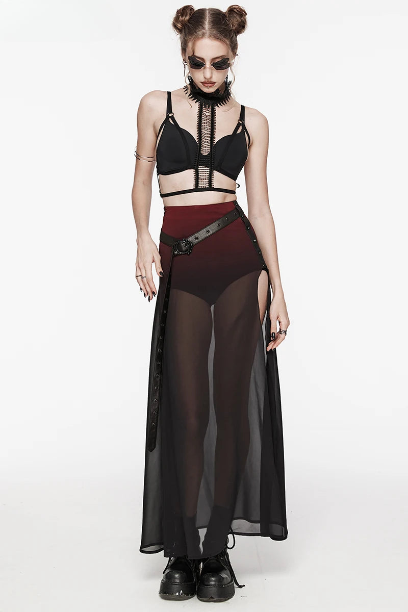 Women's Gothic Daily Chiffon & Rubberized Knitted Perspective High Slit A-line Long Skirt Main image
