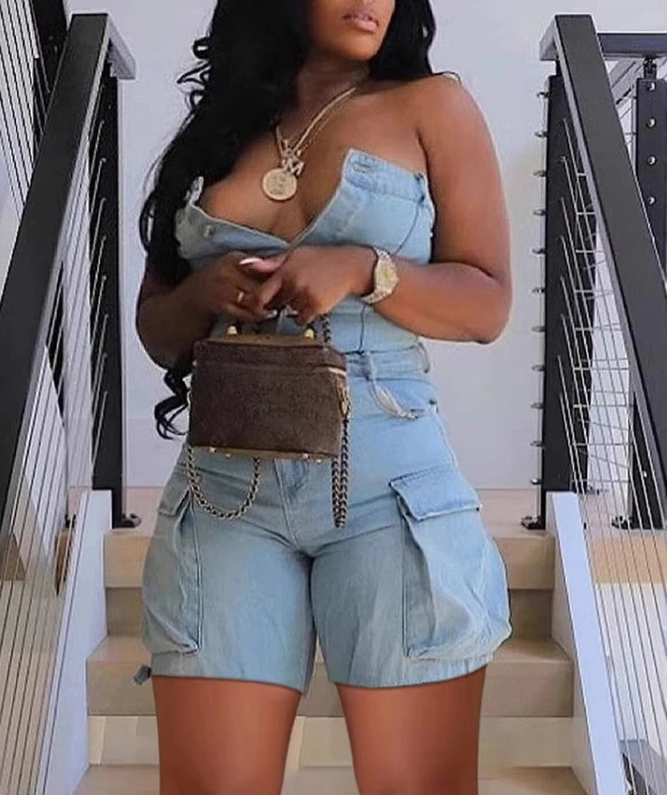 Strapless Pocket Side Cargo Denim Romper Main image