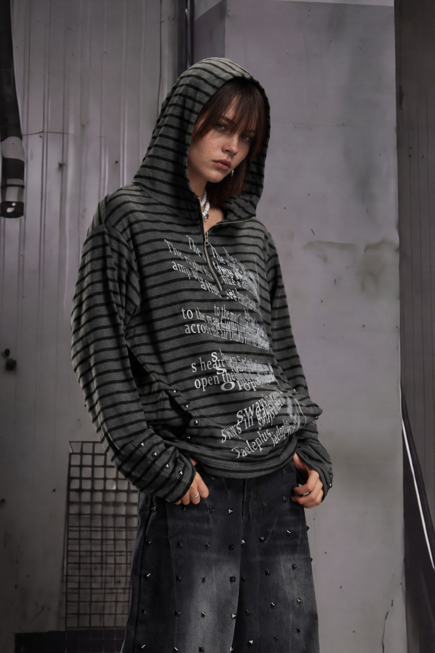 Striped Gothic Graphic Half Zip Hoodie