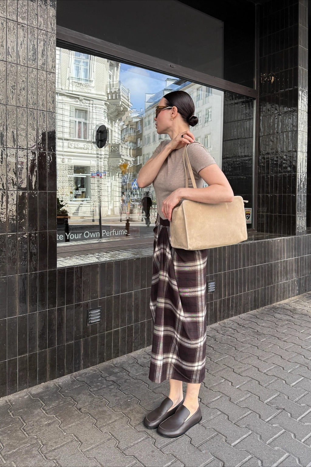 Plaid Asymmetric Pleated Straight Skirt