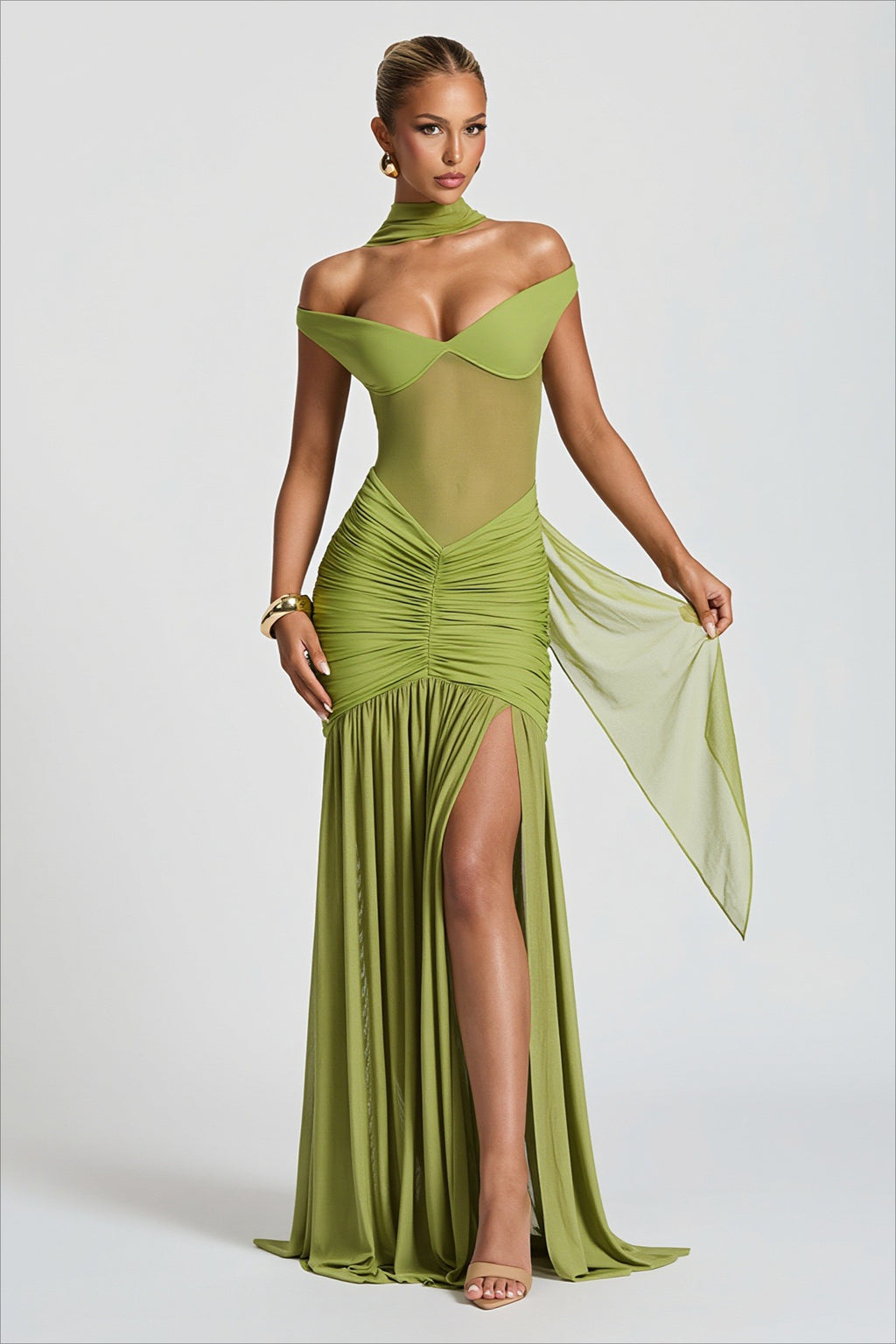Off Shoulder Mesh Panel Ruched Party Dress