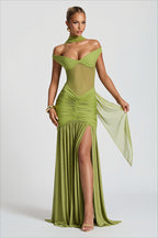 Off Shoulder Mesh Panel Ruched Party Dress