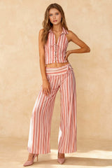 Striped Lace Up Backless Two Piece Pants Set