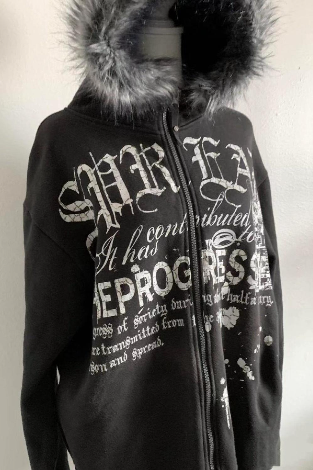 Vintage Black Goth Punk Fleece Lined Letter Zip Hoodie Main image