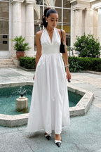 Halter Tie Waist Full Skirt Cotton Maxi Dress