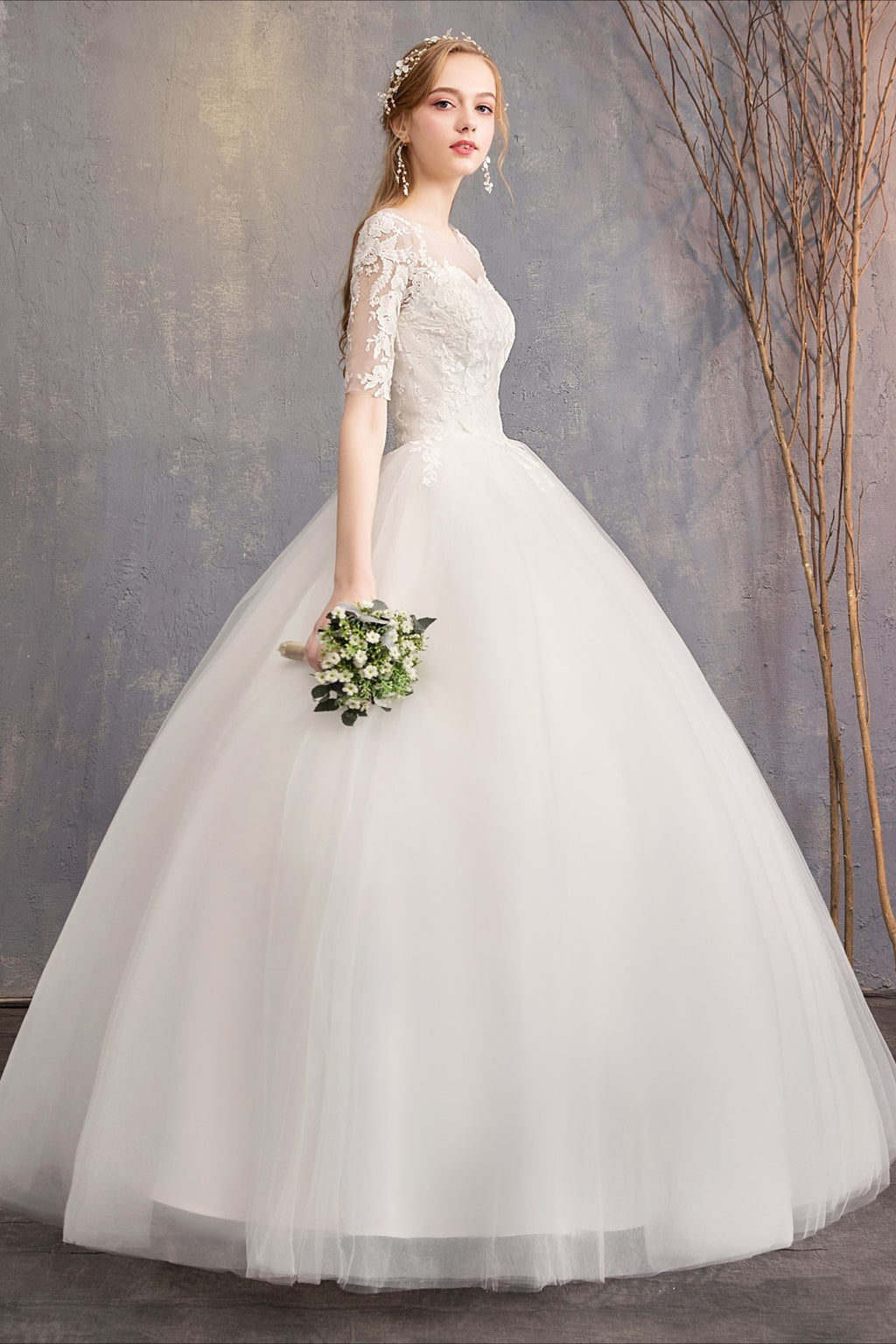 Lace Three Quarter Sleeve Wedding Dress