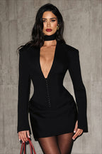 Plunging Lapel Ruched Long Sleeve Mini Party Dress