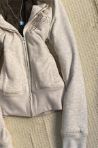 Embroidered Fur Trim Cropped Zip Hoodie