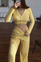 Ribbed Button Cardigan Cutout Pants Two Piece Set