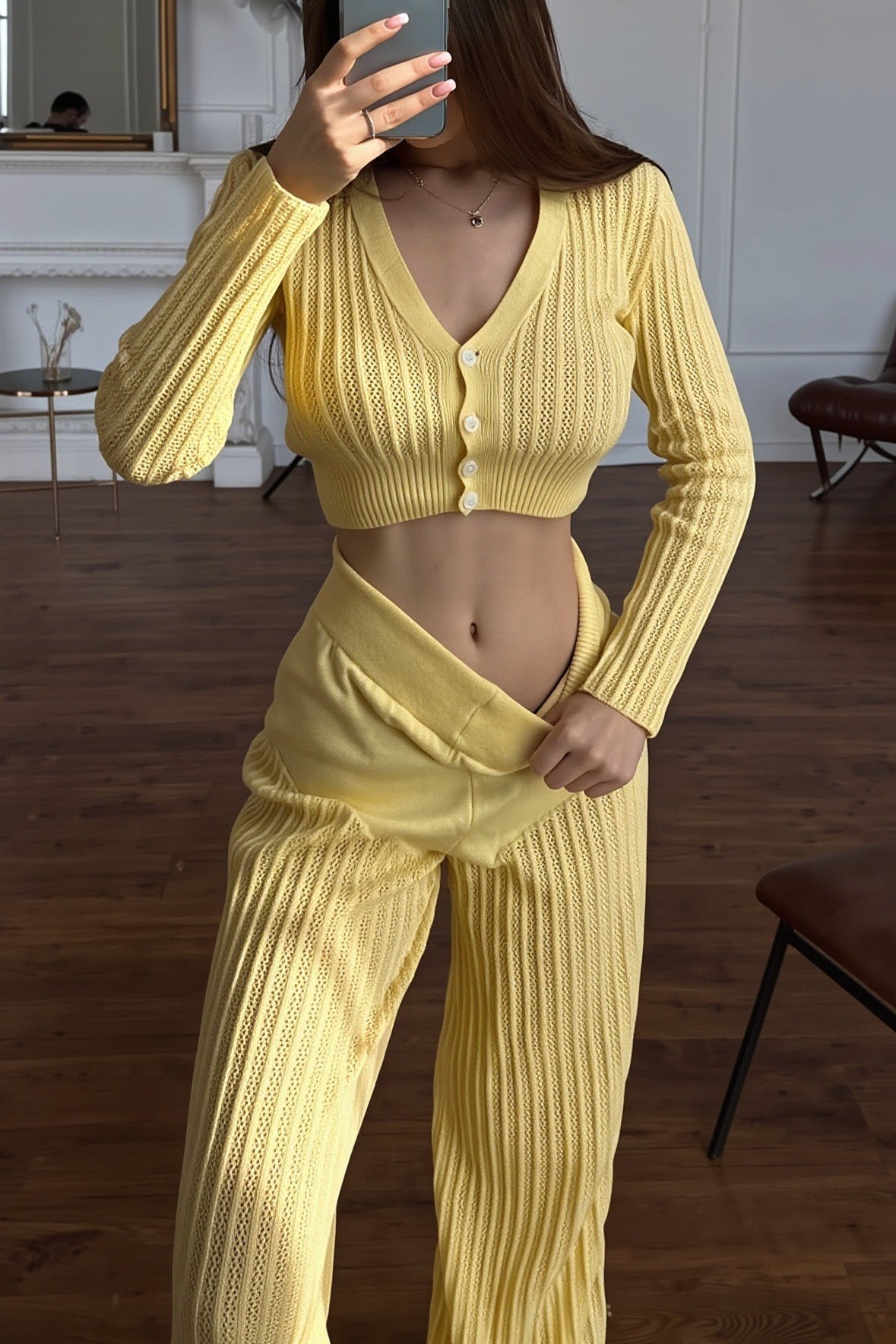 Ribbed Button Cardigan Cutout Pants Two Piece Set
