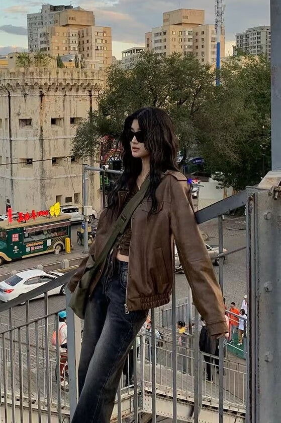 Mocha Retro Biker Leather Jacket Secondary image