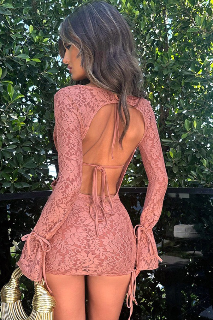 Solid Tie Lace Long Sleeve Skirt Two Piece Set Secondary image