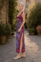 Lace Patchwork Strap Backless Slit Maxi Floral Dress