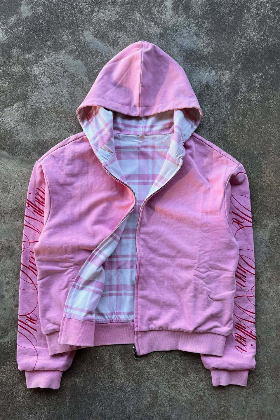 Reversible Plaid Lined Pink Full Zip Hoodie