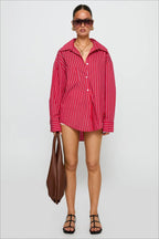 Oversized Red Stripe Long Sleeve Button Blouse