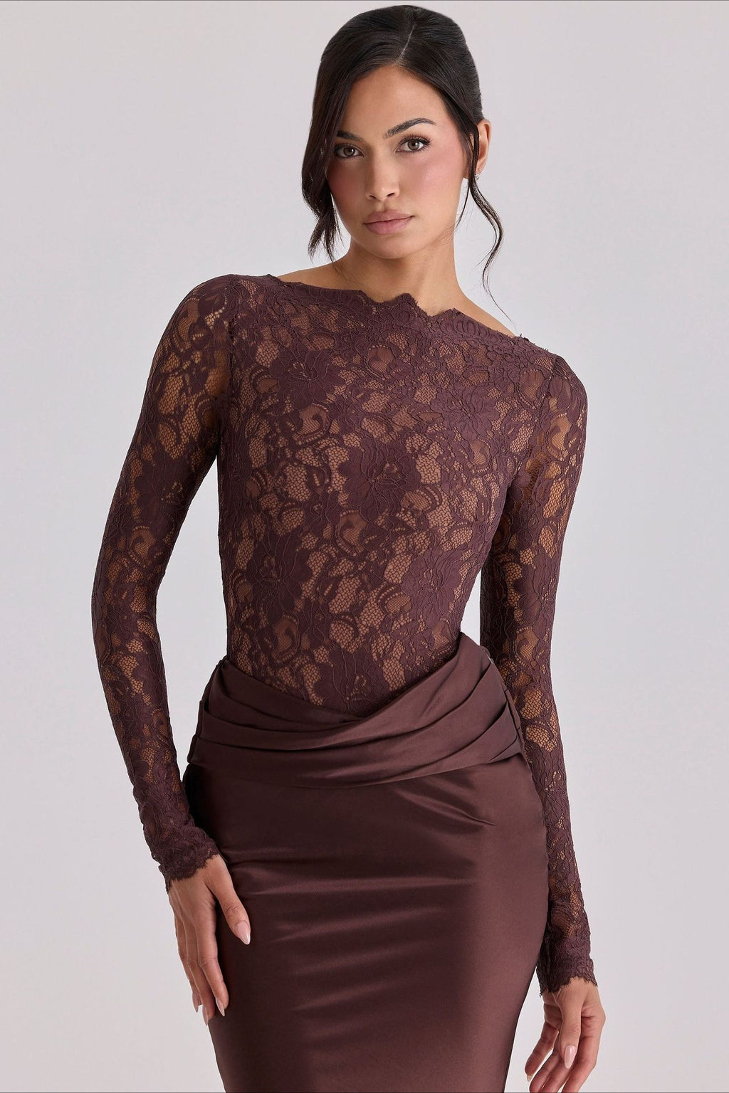 Sheer Lace Panel Ruched Satin Mermaid Maxi Lace Dress
