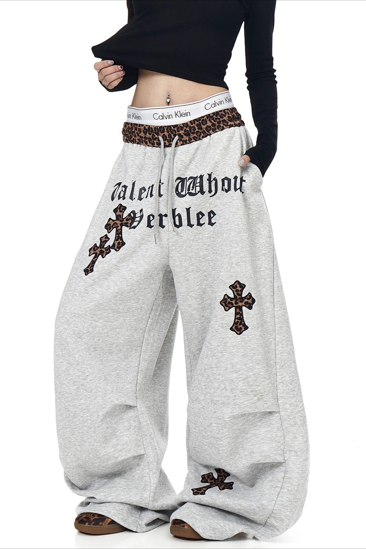 Leopard Waist Cross Print Wide Leg Pants